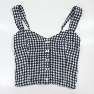 Abercrombie & Fitch Womens Gingham Linen Blend Button Front Crop Top Navy Blue S